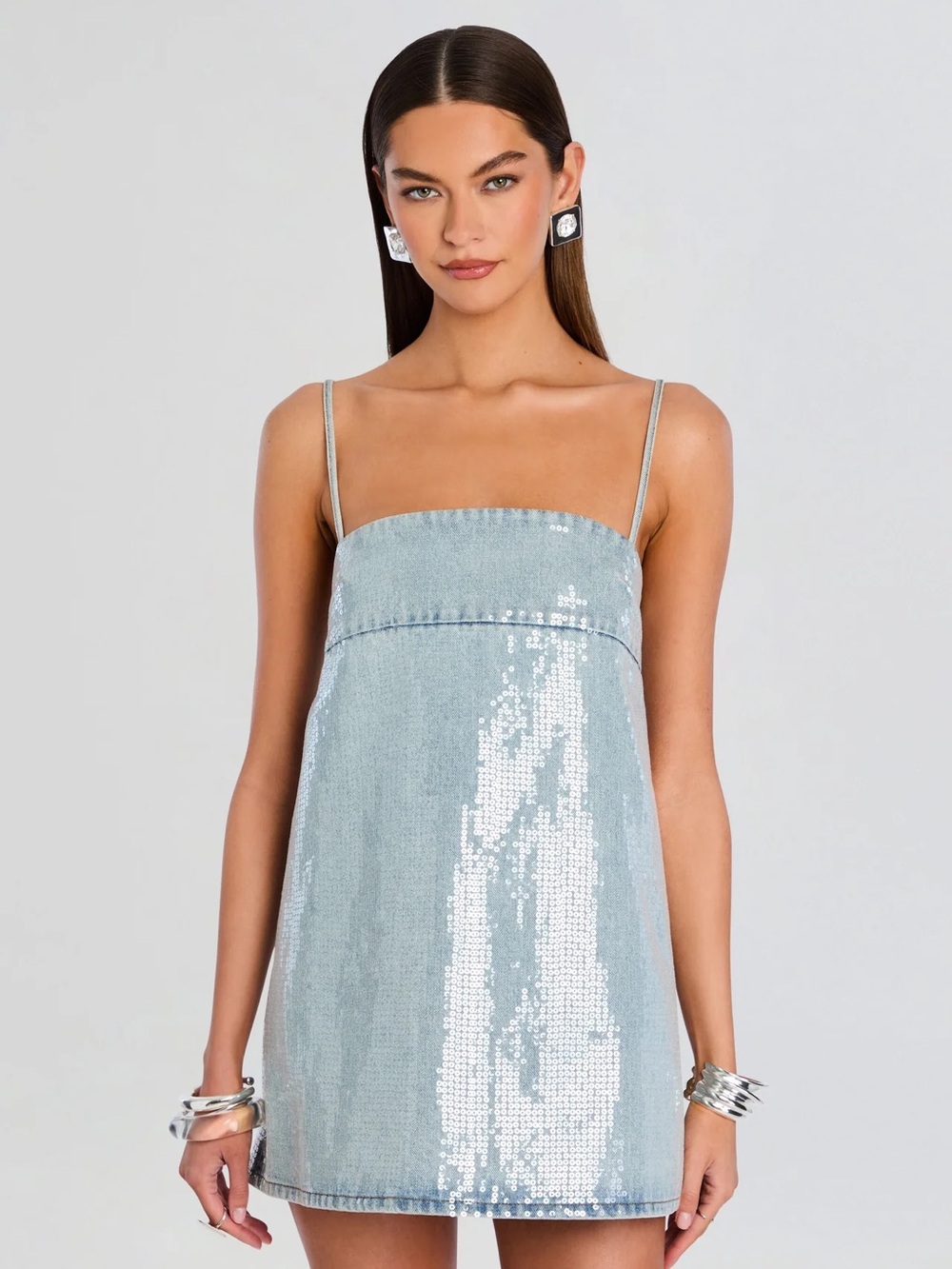 Retrofête Nadiya Denim Mini Dress - Coastline Blue Sequin size XS